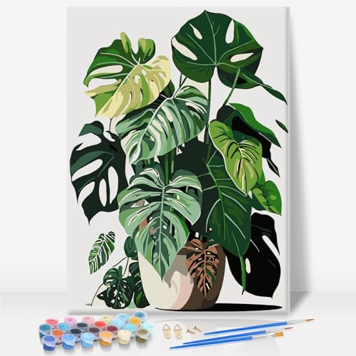 Camocin Framed Paint by Numbers Kit for Adults Beginner - Easy Tropical Green Plants Paint by Numbers Canvas with Frame, DIY Monstera Leaf Painting Kit for Stress Relief Home Wall Decor Gift 8x12 Inch - color: Leaf-02, size: 8x12 Inch