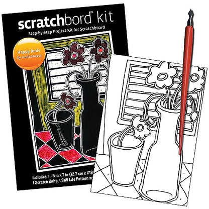 Ampersand Art Supply Scratchbord | Happy Buds | 5’’ x 7’’ | Professional Scratchboard Art Panel | for Scratchboard Drawing, Illustration & Mixed Media - style: Happy Buds