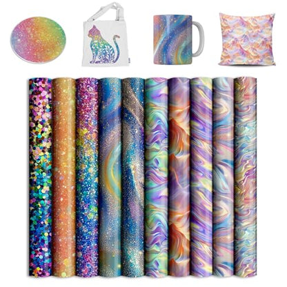 Holographic Sparkle Sublimation Transfer Ink Sheets Bundle for Cricut Mug Press,Infused Ink Paper for Sublimation,10Pcs 12x12Inch Pre-Inked Sublimation Transfer Paper for Blank - color: Holographic