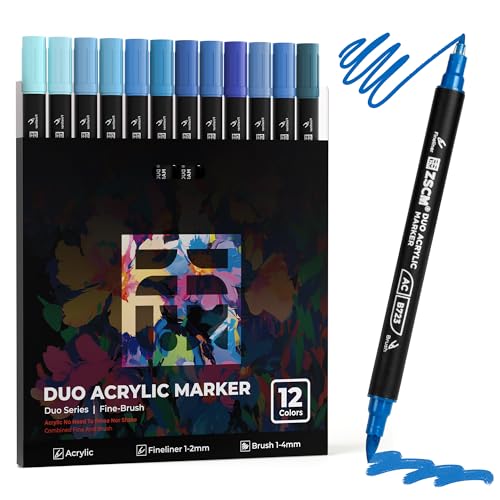 ZSCM QUALITY DECIDES THE FUTURE 12 Blue Acrylic Paint Markers, Dual Tip Acrylic Brush Pens with Fine Tip & Brush Point, Ocean Blue Acrylic Markers for Wood Canvas Stone Glass Rock Painting - color: 12 Blue