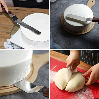 4 Packs Offset Spatula, Stainless Steel Cake Icing Spatula Set 4” 6” 8” 10”with Wooden Handle and 3 Packs Cake Smoother Scraper Set for Cake Decorating, Baking (Angled)