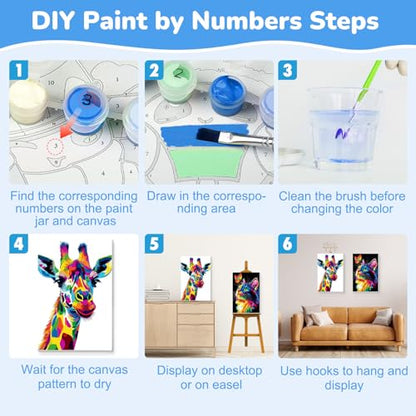 KEYIFA 2 Pack Paint by Numbers Kit, Stretched Canvas Boards for Painting for Adults, Crease-Free Acrylic Oil Painting for Students Favor Sip & Paint Party Supplies, Giraffe + Colourful Cat (8x12in)