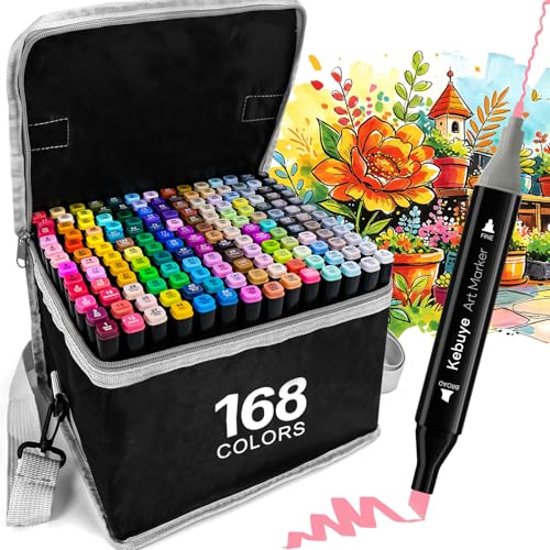 Kebuye 168 Colors Alcohol Markers Set, Professional Drawing Markers for Artist Adult Coloring Books Black Permanent Dual Tip Art Markers with Holder, Coloring Marker for School Sketching Coloring - style: Black-168PCS