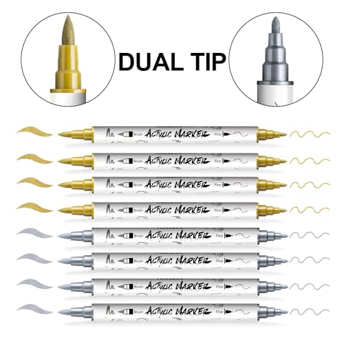 TRANSON 4 Gold and 4 Silver Paint Markers Brush and Fine Dual-tip Acrylic Paint Marker Set for Rock Painting Glass Canvas Wood Leather Ceramic Painting - style: Brush and Fine 4 Gold and 4 Silver