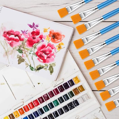 10 Pcs Flat Paint Brushes for Acrylic Painting 1 Inch Flat Watercolor Brushes Blue Nylon Bristles Paint Brushes with Wooden Handle for Watercolor Oil Crafts Face Body Art Professional Artist Brushes