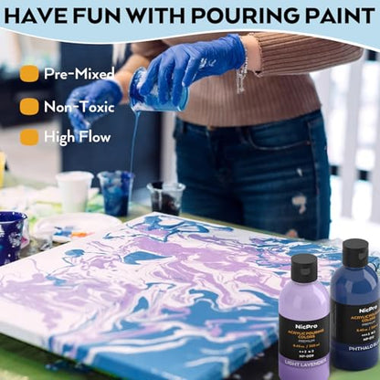 Nicpro 24 Colors 8.45oz Acrylic Pour Paint Supplies Kit, Large Volume Premixed High Flow Painting Bulk Set with Canvas, Wood Natural Slices, Pouring Oil, Tools Gloves, Strainer, Cups for Beginner DIY - color: 24 Colors