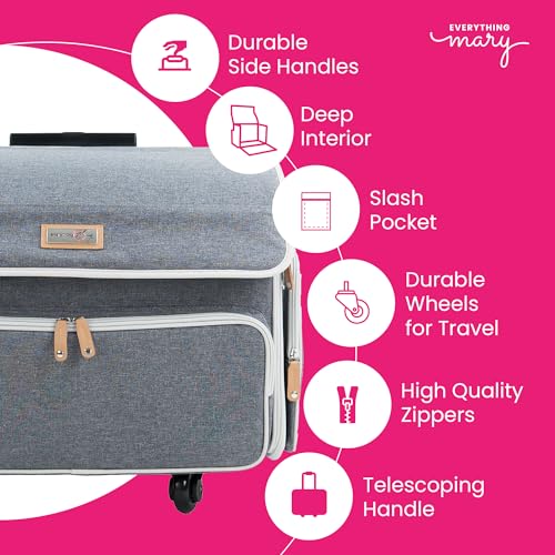 Everything Mary 4 Wheels Collapsible Deluxe Sewing Machine Storage Case - Rolling Trolley Carrying Bag for Brother, Singer - color: Heather Grey