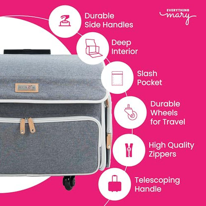 Everything Mary 4 Wheels Collapsible Deluxe Sewing Machine Storage Case - Rolling Trolley Carrying Bag for Brother, Singer - color: Heather Grey