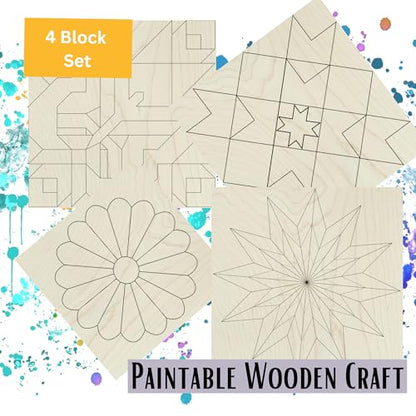 6" Barn Quilt Kit Set 4 | Butterfly, Patch Star, Dresden Flower, Starburst | Unfinished wooden quilt blocks to paint for DIY farmhouse wall art, craft parties, quilting decor, and family craft projects. - size: 6 inches (set of 4), style: Butterfly, Patch