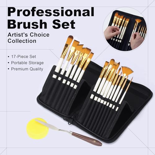 17Pcs Paint Brush Set with Palette Knife & Sponge, Standing Storage Case as Brush Holder, Professional Artist Brushes for Acrylic, Oil, Watercolor