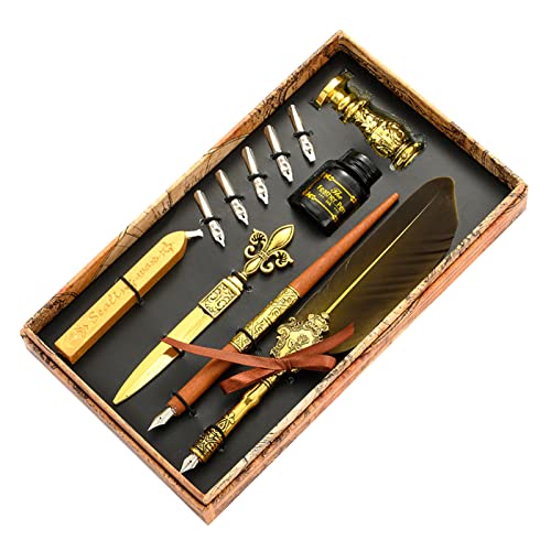 Joyeee Real Feather Quill Pen and Ink Set, Include Sealing Wax Stamp Kit for Wedding, Wooden Calligraphy Dip Pens, 17 Replacement Nibs, Wax Seal Stick for Stamp Seals, Dark Yellow - color: #111 Dark yellow
