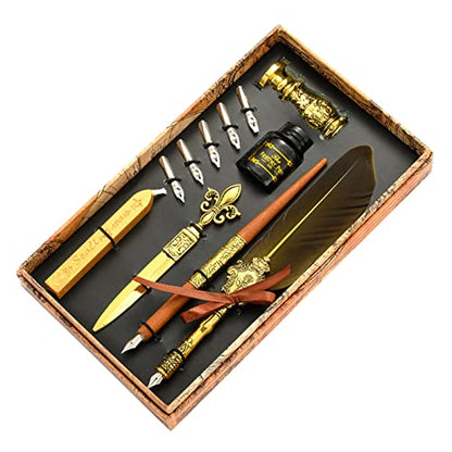 Joyeee Real Feather Quill Pen and Ink Set, Include Sealing Wax Stamp Kit for Wedding, Wooden Calligraphy Dip Pens, 17 Replacement Nibs, Wax Seal Stick for Stamp Seals, Dark Yellow - color: #111 Dark yellow