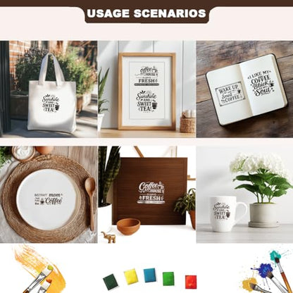 2 Sheets Coffee Slogan Silkscreen Stencil, Farmhouse Kitchen Reusable Mesh Stencil Self-Adhesive Silk Screen Printing for Wall Border Wood Fabric Home Craft Decor - style: Coffee Slogan