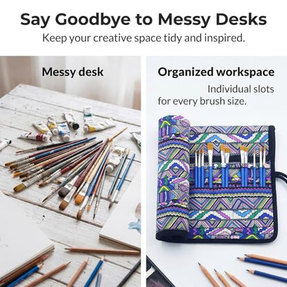 2 Pack Art Paint Brush Holder, Deluxe Bohemian Style Storage Organizer Roll-Up Case Bag with 20 Slot Pockets, Protects Artist Acrylic Oil Watercolor Paintbrushes(Bohemian)