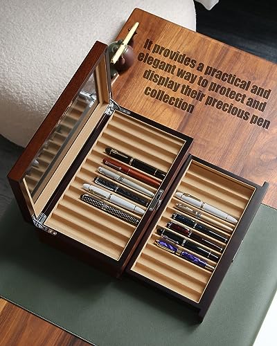 Pen Display With 24 Slots, Wood Storage Organizer, Glass Window Box for Men Gift (Brown Ash Veneer Finish, Camel Velvet) - color: brown 24 slots, camel velvet