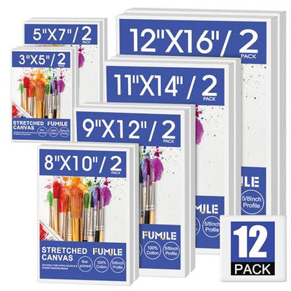 FUMILE Stretched Canvas for Painting, Blank Canvases for Painting Multi 12 Pack 3x5, 5x7, 8x10, 9x12, 11x14, 12x16 (2 of Each), Primed Acid Free Painting Canvas for Beginners & Artists. - size: 3x5,5x7,8x10,9x12,11x14,12x16