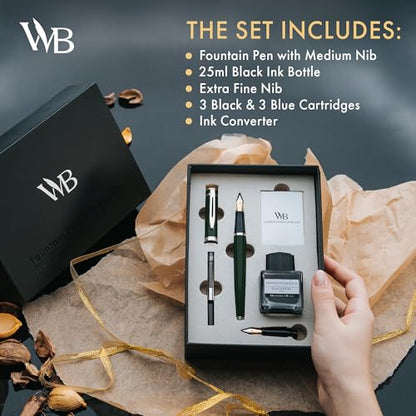 Wordsworth & Black Fountain Pen Set,18K Gilded Medium and Extra Fine Nib,25ML Black Ink Bottle,6 Ink Cartridges,Refill Converter,Gift Box,Smooth Writing Pens [Green Chrome],Gift Set for Men and Women - color: Green Chrome