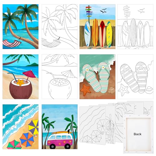 COCHIE 6 Pack 8x10 Inches Summer Beach Pre Drawn Canvas to Paint for Sip and Paint Party, Pre Printed Framed Canvases Set, Coconut Surfboard Parasol Pre Sketched Canvas for Painting for Adults Kids - size: 8x10 Inches, style: Summer