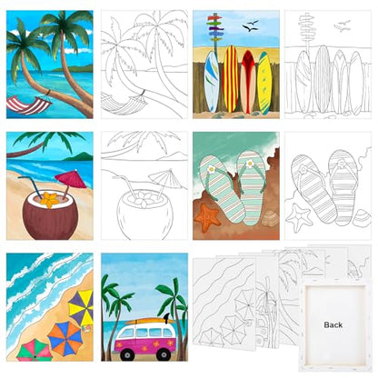 COCHIE 6 Pack 8x10 Inches Summer Beach Pre Drawn Canvas to Paint for Sip and Paint Party, Pre Printed Framed Canvases Set, Coconut Surfboard Parasol Pre Sketched Canvas for Painting for Adults Kids - size: 8x10 Inches, style: Summer