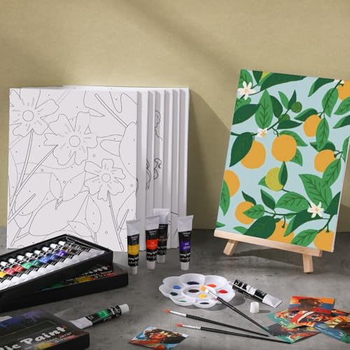 Cholemy 36 Pcs Paint and Sip Kit for Adults 8''x10'' Pre Drawn Canvas for Painting DIY Afro Acrylic Painting Kit Wood Easel Brushes Date Night Bulk for Summer 4th of July Party Gift(Flowering) - style: Flowering