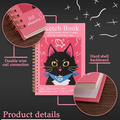 DSTELIN 7.5 x 5.1 Inch Sketch Book, 50 Sheets,100gsm, Spiral Bound Black Hardcover with Red Cover, Ideal for Sketching and Drawing