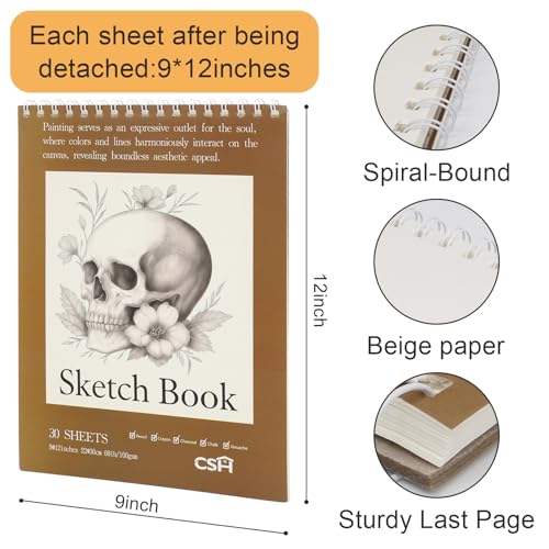 CSH 10 Pack Artist Sketch Book, 30 Sheets, 9x12 Inches, Brown Cover, for Pencil Crayon Charcoal Chalk Gouache, Spiral Bound Drawing Pad