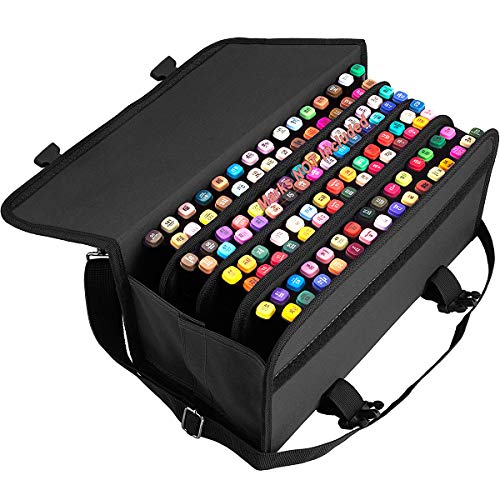 ADVcer Marker Case 120 Storage Holders, Foldable Extendable Oxford Lipstick Organizer with Carrying Handle, Shoulder Strap, QR Buckle, Zip Pocket for Copic, Prismacolor, Dry Erase, Color Paint Markers