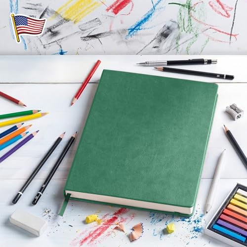 BROWNSTONE JOURNALS A4 Sketch Book Hardcover - 80 Sheets 100 GSM Paper 8.5"x11.5", Lay Flat, Vegan Leather Cover, Elastic Band, Back Pocket, Art Drawing Book (Dartmouth Green) - color: Dartmouth Green, size: A4 (8.5" x 11.5")