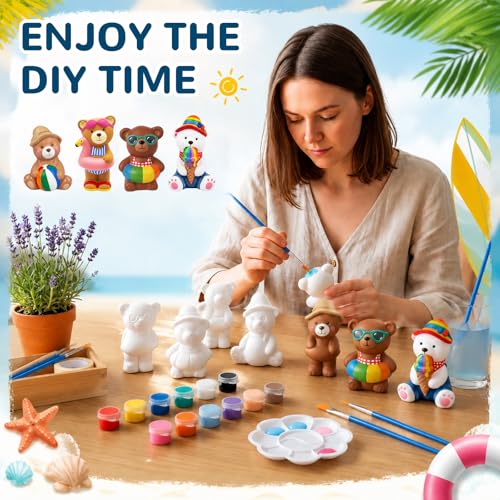 Soulchen 17 Pcs Paint Your Own Summer Beach Bear Ceramic Paint Craft Set Include 12 Unpainted Ceramic Bears 2 Strips of Paints with 2 Brushes 1 Palette Toys Gift for Birthday - style: Summer Bear