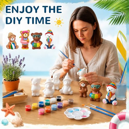 Soulchen 17 Pcs Paint Your Own Summer Beach Bear Ceramic Paint Craft Set Include 12 Unpainted Ceramic Bears 2 Strips of Paints with 2 Brushes 1 Palette Toys Gift for Birthday - style: Summer Bear