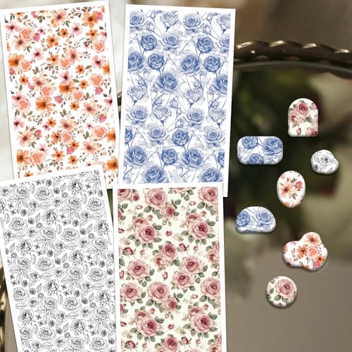 OLYCRAFT 24Pcs Line Rose Clay Transfer Paper 4 Styles Transfer Paper for Polymer Pink Rose Polymer Clay Transfer Sheets Blue Floral Small Transfer Paper for Clay Earrings Jewelry Making - style: Line Rose