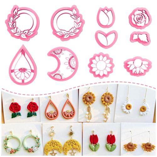 Keoker Flower Clay Cutter- Spring Polymer Clay Cutters, Polymer Clay Flower Cutters, 10 Shapes Floral Clay Earrings Cutters, Boho Clay Cutters for Polymer Clay Jewelry (A)