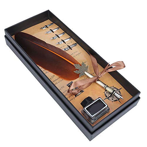 Fdit Vintage Quill Dip Pen and Ink Set with Stainless Steel Nib, Orange, Calligraphy Writing Tool, Includes Pen Holder and 5 Tips