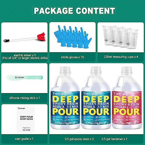 Teexpert Deep Pour Epoxy Resin, 1.5 Gallon Epoxy Resin Kit for 2-4" Pour Depths, Crystal Clear & High Gloss, Bubble-Free Casting Resin for River Tables, Flower Preservation and Mold Crafts - 2:1 Mix - size: 1.5 Gallon