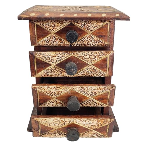 Hand-Carved Wooden Keepsake Box Collection – Decorative Rustic Storage Box, Jewelry Box, Trinket Organizer, Handmade Artisan Wood Home Décor (Drawers) - size: Drawers