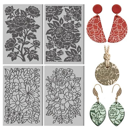 4 Pcs Large-Scale Floral Pattern Polymer Clay Texture Sheet Rubber Clay Texture Mat for Polymer Clays Making Earrings Jewelry DIY Crafts, 4 × 2.5 Inch - style: Large-scale Floral