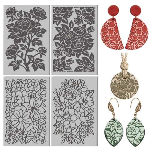 4 Pcs Large-Scale Floral Pattern Polymer Clay Texture Sheet Rubber Clay Texture Mat for Polymer Clays Making Earrings Jewelry DIY Crafts, 4 × 2.5 Inch - style: Large-scale Floral