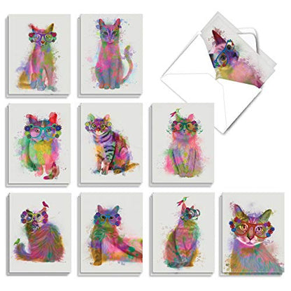The Best Card Company 20 Assorted Blank Notecards Bulk Box Set 4 x 5.12 Inch with Envelopes (10 Designs, 2 Each) Funky Rainbow Cats AM6199OCB-B2x10 - style: Funky Rainbow Cats