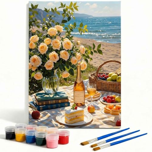 Amphol Paint by Numbers Kit for Adults - DIY Summer Seaside Picnic Paint by Number Kits on Canvas, 16x20 Inch Unframed Oil Painting Kit for Home Wall Decor, Stress Relief with Acrylic Paint Set - color: Sunmmer Seaside