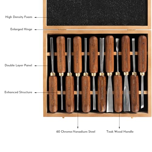 12-Pieces Woodworking Wood Carving Tools Chisel Set with Wooden Box, Razor Sharp CR-V 60 Steel Blades - size: 12PCS with Teak Wood Handle