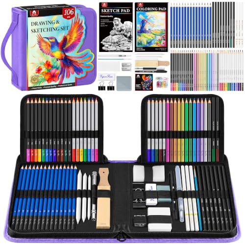 106 PCS Art Supplies Sketching Kit, Pro Drawing Pencils with 3-Color Sketchbook, Coloring Book, Colored Graphite Charcoal Watercolor & Metallic Pencils, Drawing Supplies Gifts for Artists Adults - color: Purple, size: 106 Pack