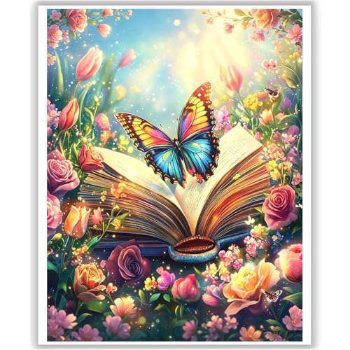 HITO Book Paint by Numbers Kit for Adults - Paint by Number for Adults Butterfly Flowers for Gift Home Wall Decor 16x20 Inch - color: Book Butterfly Flowers