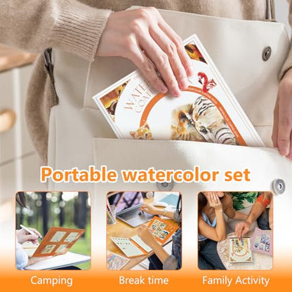 2-Pack Watercolor Painting Books for Adults & Beginners - All-in-One Creative Stress Relief Art Kit with 3-Fold Pad, 32 Pre-Printed Pages, 24 Colors & 2 Brushes (Animal + Starry Fairyland) - color: Animal + Starry Fairyland