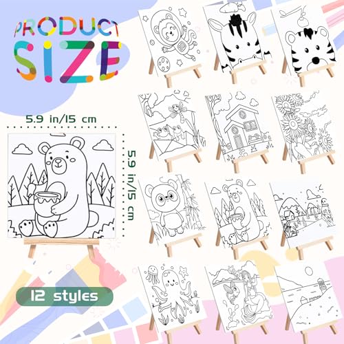48PCS 12 Sets Printed Canvas Paint Art 12 Pcs Wooden Easel Set Paint Pots and Brushes and 12 Pre Drawn Canvas Panel 12 Pcs Mini Apron and Tote Bag for Kids(Cute) - style: Cute