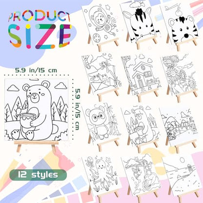 48PCS 12 Sets Printed Canvas Paint Art 12 Pcs Wooden Easel Set Paint Pots and Brushes and 12 Pre Drawn Canvas Panel 12 Pcs Mini Apron and Tote Bag for Kids(Cute) - style: Cute