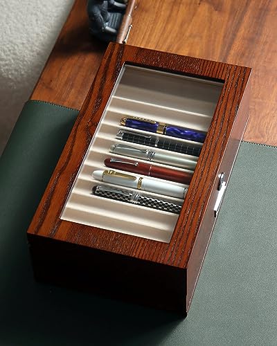 Pen Display Case with 24 Slots - Fountain Pen Storage Organizer with Glass Window (Brown Ash Veneer Finish, Creamy-White Velvet) - color: brown 24 slots, white velvet