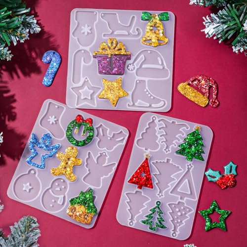 Christmas Resin Earring Molds with Varieties of Shapes and Sizes, Christmas Tree Snowman Angel Silicone Mold with Hole, Pendant Earrings Keychain Jewelry Resin Casting Mold New Year Gift