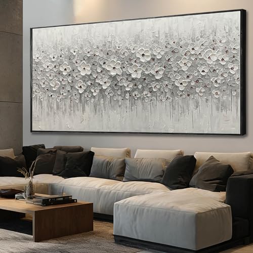 SDYA Oversized White Flower Wall Art, Hand Painted Floral Canvas Paintings With Frame, Extra Large Modern Wall Decor for Living Room Bedroom Office 40"x86" - color: White, size: 86"L x 40"W