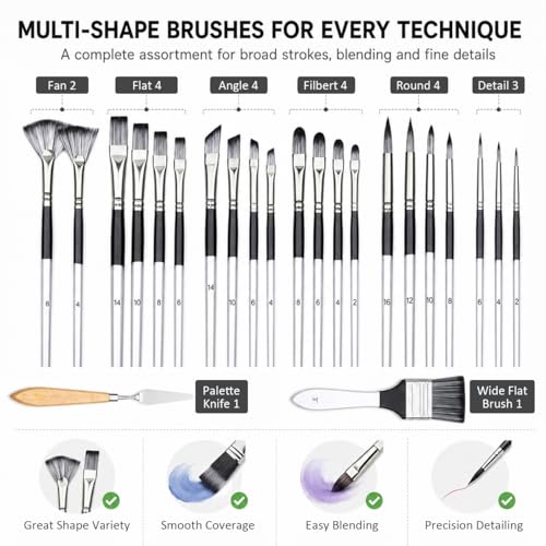 24Pcs Multi-Shape Paint Brushes Set for Acrylic, Oil, Watercolor & Gouache with Palette Knife and Waterproof Canvas Roll, Synthetic Bristles Art Supplies for Artists & Beginners