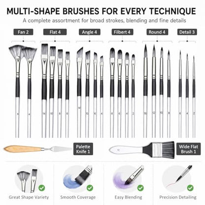 24Pcs Multi-Shape Paint Brushes Set for Acrylic, Oil, Watercolor & Gouache with Palette Knife and Waterproof Canvas Roll, Synthetic Bristles Art Supplies for Artists & Beginners